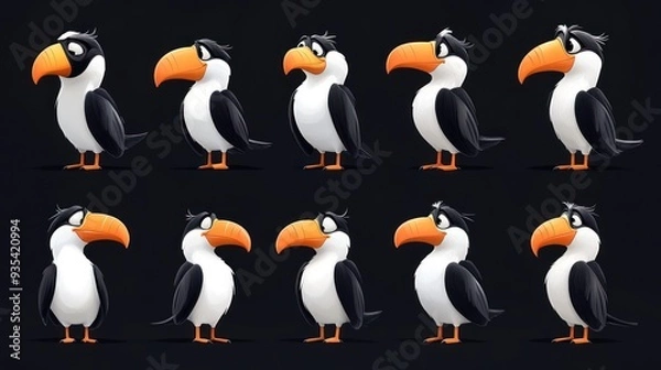 Fototapeta A collection of cartoon-style toucan characters in various poses and expressions.