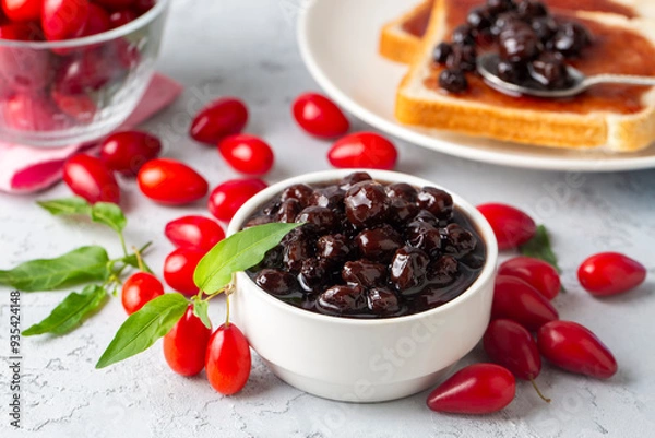 Fototapeta Homemade dogwood cornel jam in glass jar