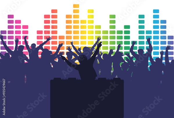 Fototapeta Dj playing music for party people cheering with colorful equalizer background. Vector illustration