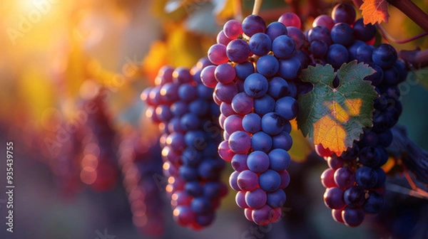 Fototapeta Large bunches of ripe red grapes on the vine at sunset