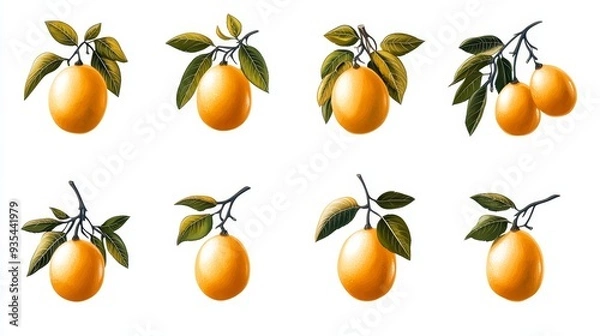 Fototapeta Ripe Oranges on Branch with Green Leaves Isolated on White Background