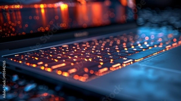 Fototapeta Close-up of illuminated laptop keyboard with blurred lights in background