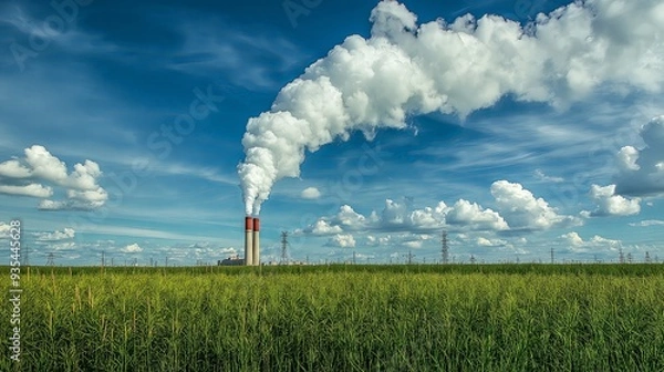 Fototapeta A red industrial pipe releasing white smoke into the sky, located in a rural field, illustrating industrial pollution in a natural setting.
