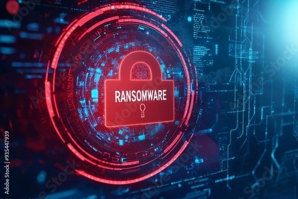 Fototapeta A red padlock icon with a bold text "RANSOMWARE" surrounded by circular frame on a blue digital background, concept of cyber security