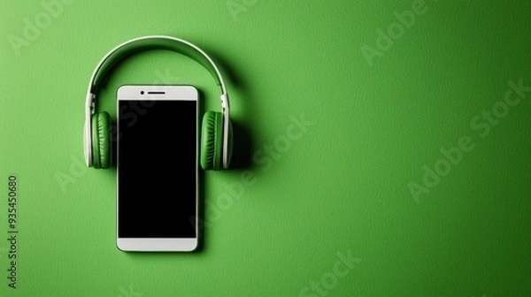 Fototapeta Modern Smartphone with Headphones on Soft Green Background - Minimalist Design with Copy Space and Elegant Reflections