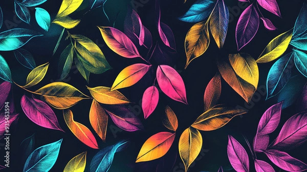 Obraz A seamless pattern with minimalistic holographic summer leaves - Glowing neon rainbow background.	