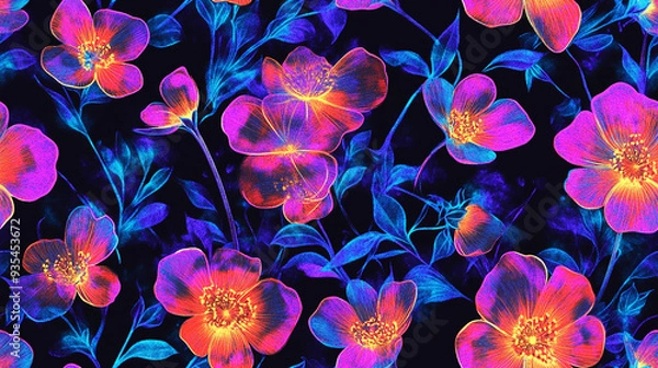 Obraz A seamless pattern with minimalistic holographic wild flowers - Glowing neon rainbow background.	