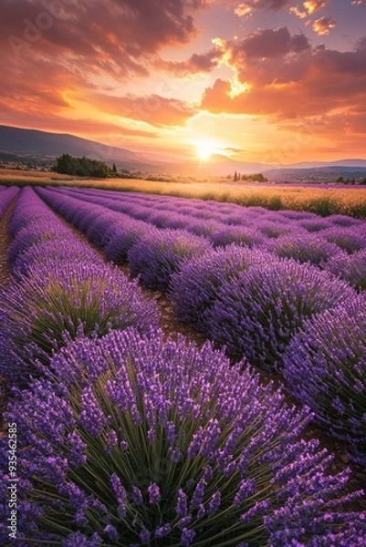 Fototapeta A vast lavender field in full bloom under a golden sunset, the purple flowers contrasting with the orange and pink sky.