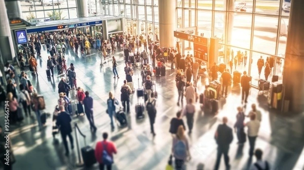 Fototapeta Travelers navigate a crowded airport terminal filled with bags and people during peak afternoon hours, heading towards their gates