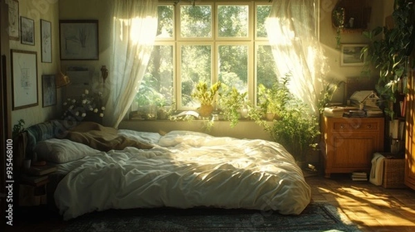 Fototapeta Sunlit Bedroom with Window
