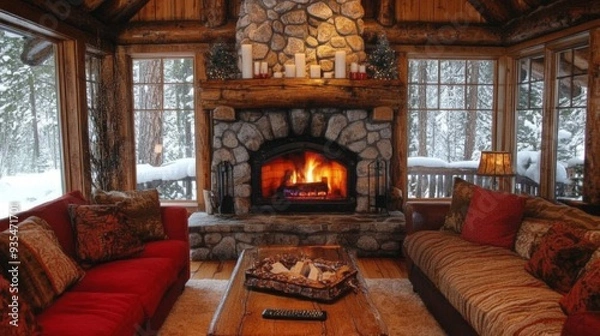 Fototapeta Cozy Cabin with Fireplace and