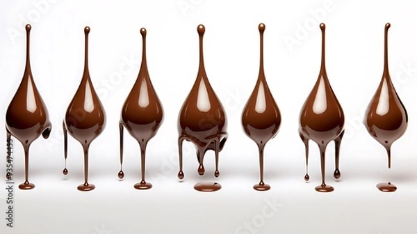 Fototapeta pouring chocolate drips from the top, white background. Drops