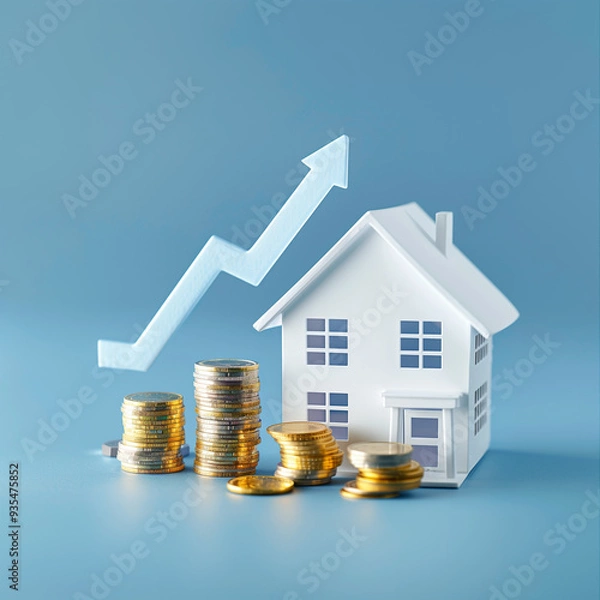 Obraz Real estate growth concept with a house model, coins, and an upward arrow on a blue background
