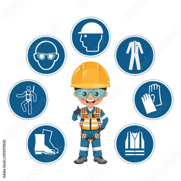 Fototapeta Industrial Safety Engineer  with safety harness and personal protective equipment for working at height and preventing falls. Safety icons. Safety first. Industrial safety and occupational health