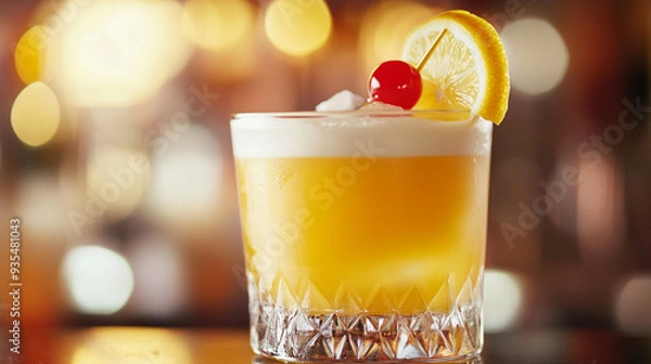 Fototapeta A refreshing citrus cocktail with cherry and lemon in an elegant glass.