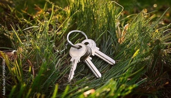 Fototapeta A bunch of lost keys in the grass