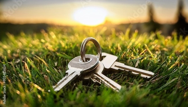 Fototapeta A bunch of lost keys in the grass, sunshine