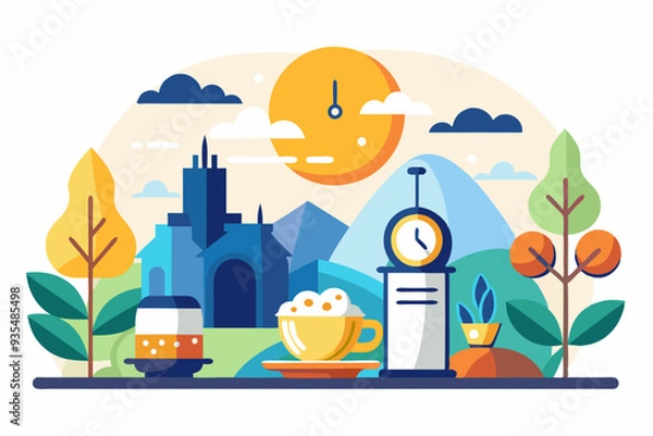 Fototapeta A Coffee Cup and Clock in a Cityscape with Mountains and Sun