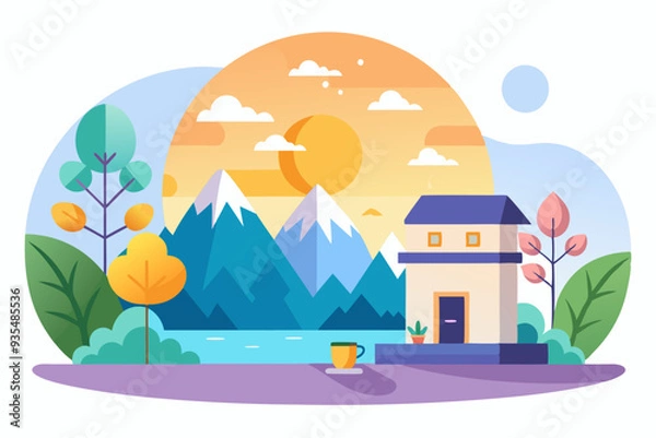 Fototapeta A House with a Mountain View and a Cup of Coffee