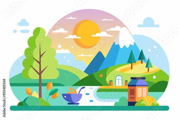 Fototapeta Mountain Landscape with a Small House and a Bowl of Soup