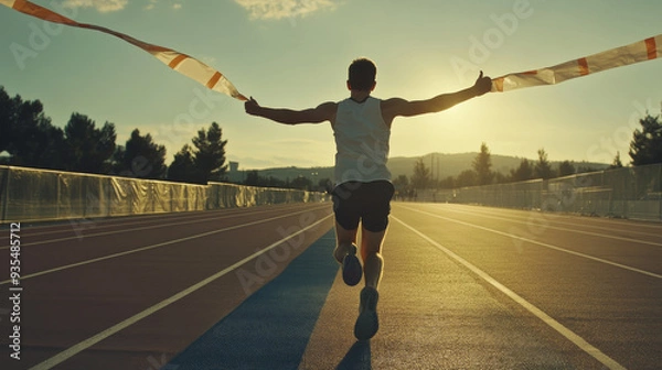 Fototapeta A runner crossing the finish line in slow motion, celebrating a personal best time.