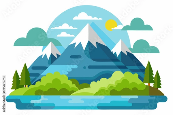 Fototapeta Flat Design Illustration of a Mountain Landscape with a River, Trees, and Clouds