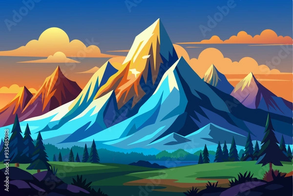 Fototapeta Majestic Mountain Range at Sunset with a Forest and a Lake
