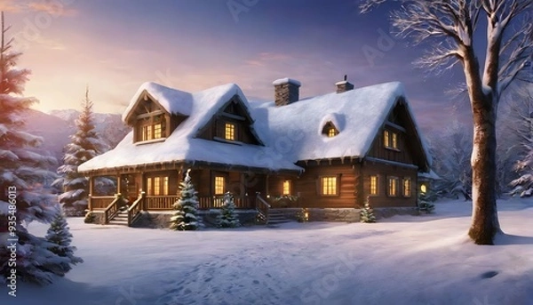 Fototapeta Charming Snow-Covered Cabin at Sunset with Warm Glowing Lights