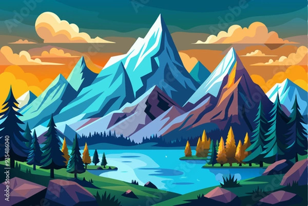 Fototapeta Majestic Mountain Range With a Serene Lake at Sunset