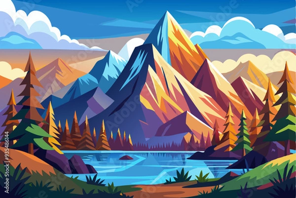 Fototapeta A Serene Mountain Landscape with a Tranquil Lake and Lush Forest