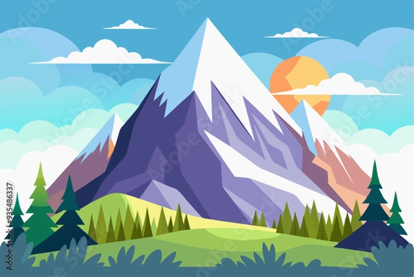 Fototapeta A Mountainous Landscape with Snow-Capped Peaks and a Bright Sun