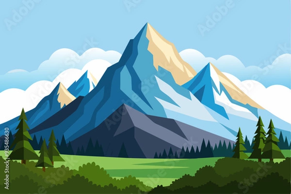 Fototapeta Mountain Range with Green Trees and Blue Sky