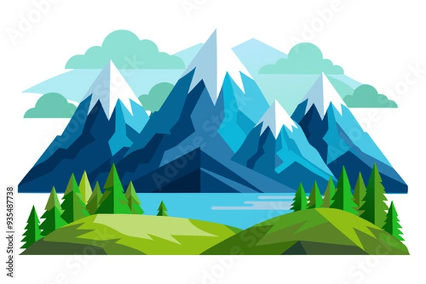 Fototapeta A Colorful, Geometric Illustration of Mountains, Trees, and a Lake