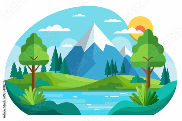 Fototapeta Mountain Landscape with River, Trees, and a Sunny Sky