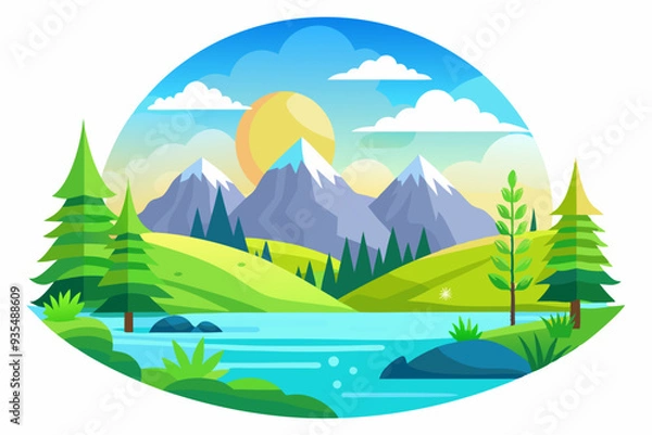 Fototapeta Mountainous Landscape with a Winding River and Sunlit Sky
