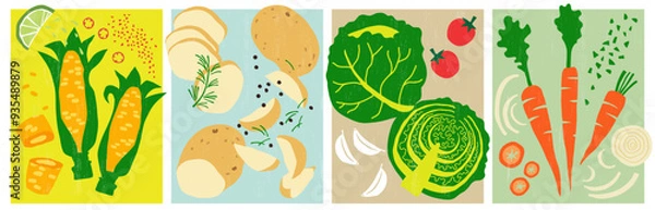 Obraz Corn with Chili and Lime - Potatoes, slices and wedges - Cabbage - Tomatoes - Carrots - Onion. Vector illustrations
