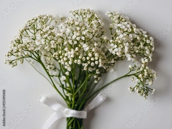 Fototapeta A bouquet of delicate white baby s breath flowers elegantly tied with a white satin ribbon against a pristine backdrop