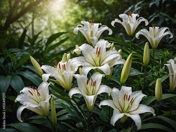 Fototapeta Photograph of elegant white lilies in full bloom amidst lush green foliage illuminated by a gentle ray of sunlight