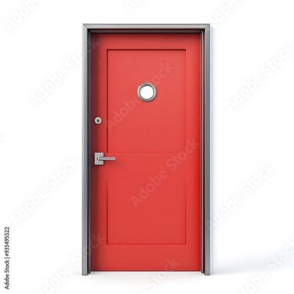 Fototapeta Bright Red Classroom Door with Modern Frame and Handle on White Background