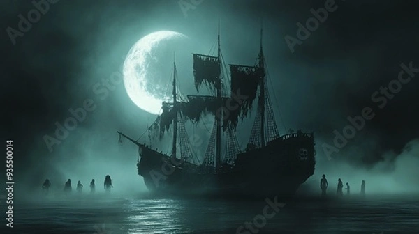 Fototapeta Eerie Pirate Ship Sailing Through Misty Waters at Night with Ghostly Figures - Haunting Nautical Scene Under Crescent Moonlight