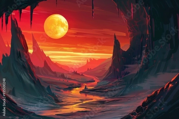 Fototapeta Alien landscape with a glowing moon and river of lava