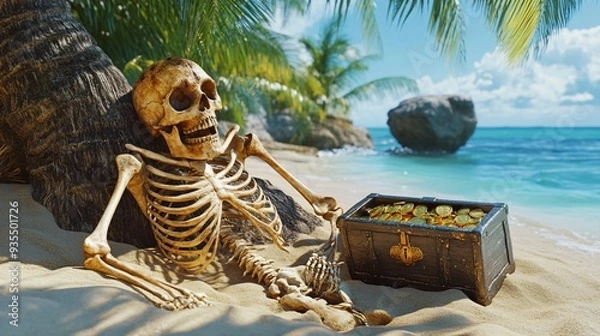 Obraz Pirate Skeleton Resting Against Palm Tree with Buried Treasure Chest - Spooky Nautical Scene on Deserted Island