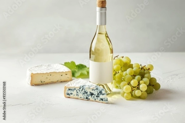 Fototapeta bottle of white wine surrounded by grapes and cheese on a light gray background, front view