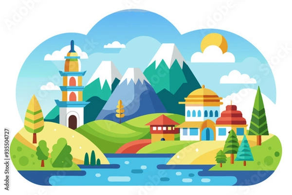 Fototapeta Colorful Illustration of a Picturesque Village with Mountains, a River, and Buildings