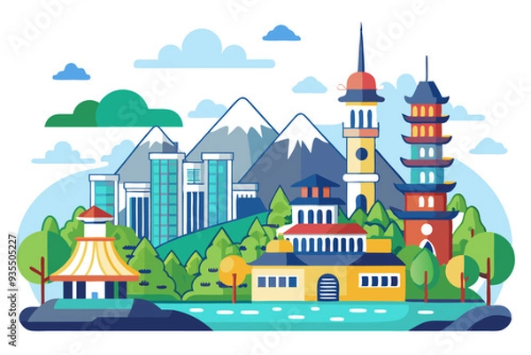 Fototapeta A Colorful Cityscape with Buildings, Mountains, and Trees