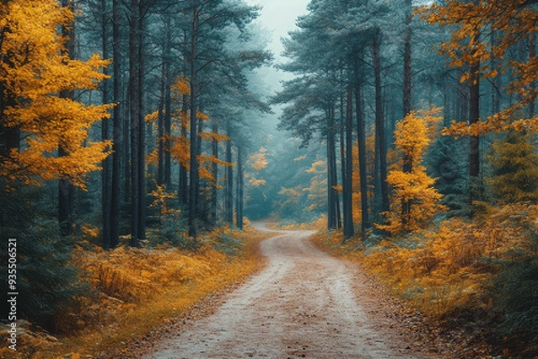 Fototapeta A forest path with tall trees, isolated on a pastel beige background, capturing the preservation of natural landscapes,
