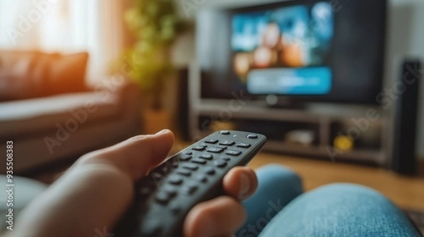 Fototapeta A relaxed person seated at home, engaged in watching their favorite show on TV while holding a remote control