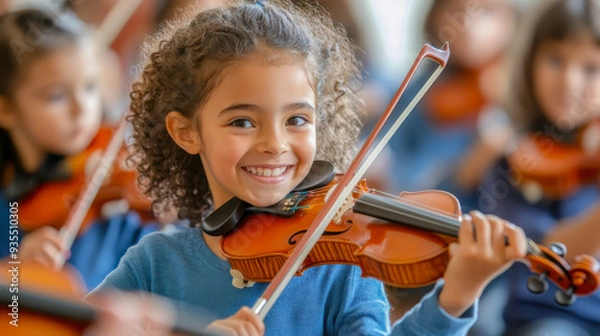 Fototapeta Full of joy. Cheerful content little girl holding fiddle bow and violin while learning to play