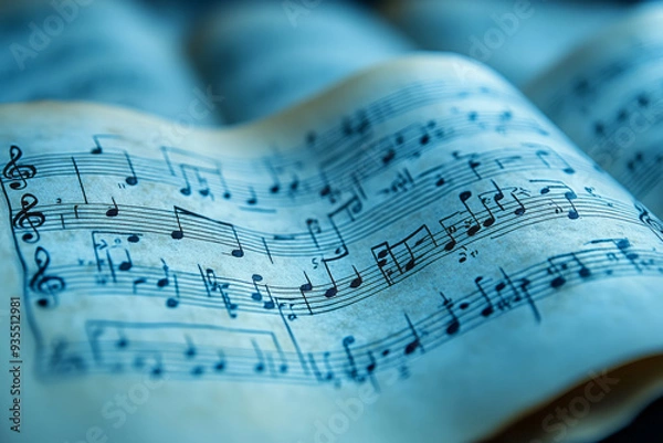 Fototapeta A sheet of music with notes, isolated on a soft pastel blue background, symbolizing the foundation of musical composition,
