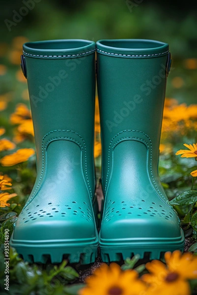 Fototapeta A pair of rubber boots, isolated on a pastel mint background, symbolizing the exploration of damp forests and fields,
